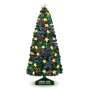 Sapin de Noël pré-éclairé en fibres optiques vertes de 2 à 2,5 pieds avec étoiles et lumières changeantes de couleur, arbre de pin artificiel d'intérieur sur socle. - Product Image 1