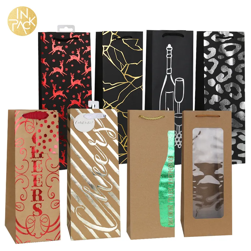 IN PACK Wholesale Wine Bottle Gift Bag Luxury Wine Bags Custom Logo Bottle Gift Packaging Paper Bag With Window