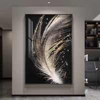 Peinture murale abstraite moderne de luxe léger sur le thème des plumes pour entrée et salon avec cadre métallique