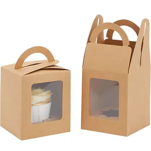 定制便携式棕色牛皮纸单孔纸杯蛋糕包装盒带窗口面包店包装蛋糕盒