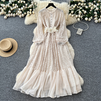 Robe élégante pour femmes, en dentelle et en mousseline de soie, à manches longues, style A, décontractée, avec décoration florale 3D, robe pour femmes