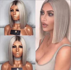 Aynı Kim kardashian kısa dantel ön Bob peruk insan saçı 1B kök gri Ombre renk dantel ön peruk peruk insan saçı
