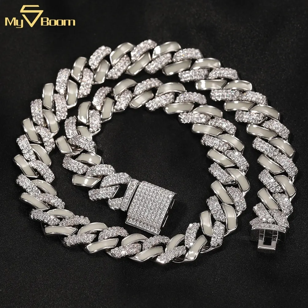 Hot Sale 13mm Men Miami Cuban Chain Hip Hop Iced Out Button Cuban Link Necklace Luminous Silver Chain Jewelry