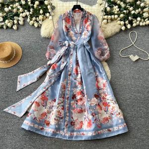 Abito Lungo Elegante Yuhong Stile Vintage con Scollo a V, Maniche a Lanterna, Stampa Digitale, Vita Alta e Lacci, Effetto Snellente - Product Image 2