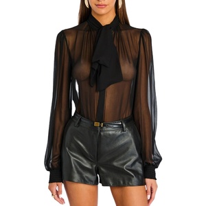 Wholesale Custom High Collar Knitted Top with Pussy Bow Sheer <strong>Blouse</strong> for Women Summer <strong>Smart</strong> Casual Wear - Product Image 5