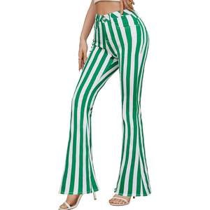 Pantalon évasé taille haute personnalisé pour femme, rayé vert et blanc, en coton respirant et fibre de bambou, coupe décontractée à pattes d'éléphant - Product Image 4