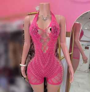 Viviblook Z228RP Combinaison Sexy Femme Nouveau Style Halter Strass Maille Transparente Évidée - Product Image 1