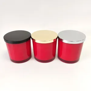 480毫升16盎司大体积3芯透明红色烛台罐，带金属盖，用于蜡烛制作