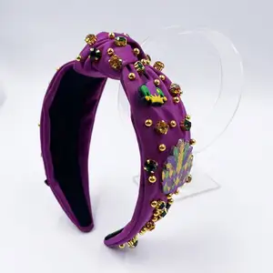 Pha lê thắt nút headbands Mardi Gras thời trang tóc phụ kiện lông màu tím màu vàng màu xanh lá cây Rhinestone Carnival Nguồn cung cấp bên