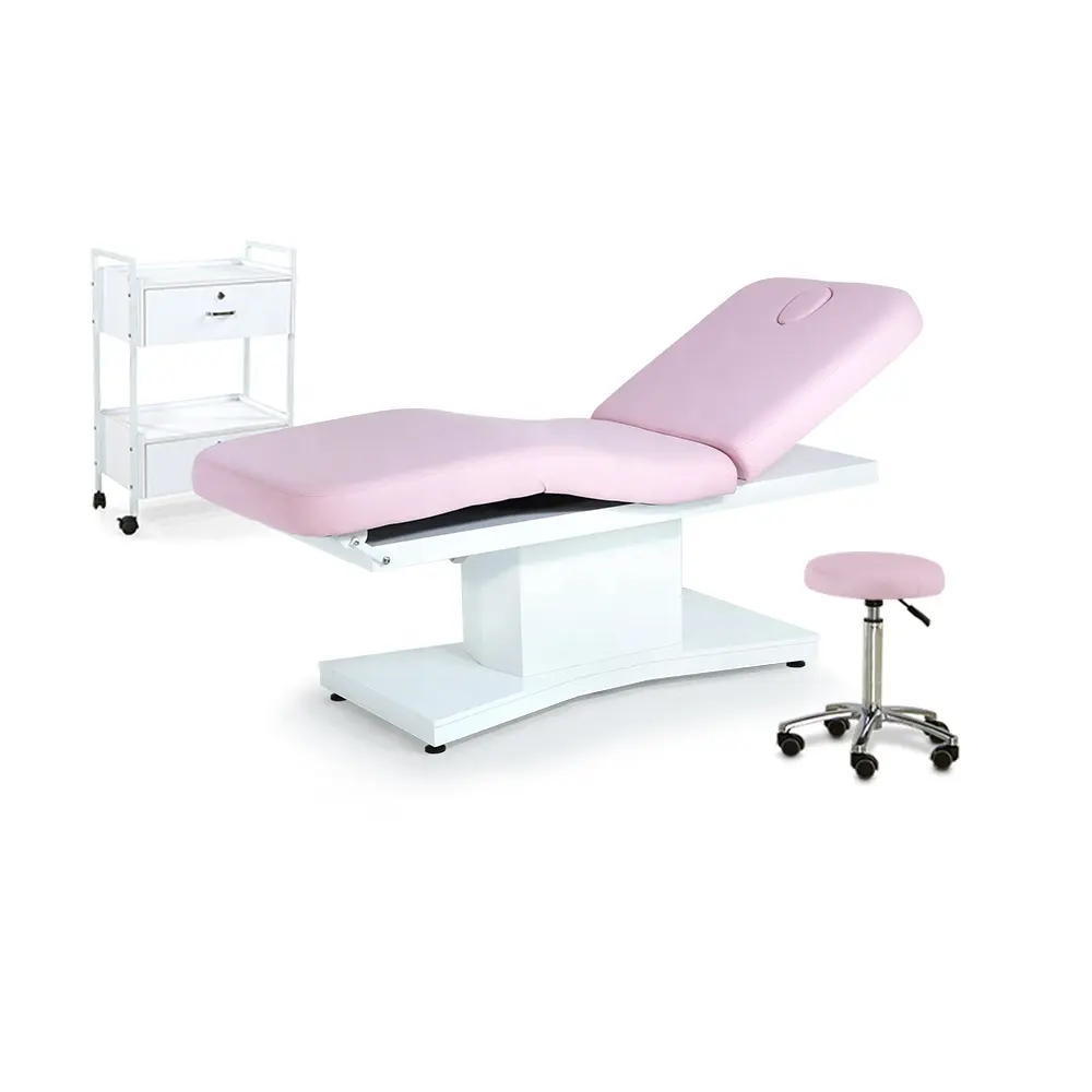 Modern lüks güzellik salonu mobilyası 3 elektrik motorları tedavi masaj masası pembe kozmetik kirpik Spa yüz yatak