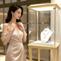Vitrine à bijoux sur pied carrée haute personnalisée, cadre en or champagne brossé, double étagère en verre, éclairage LED intégré au dessus