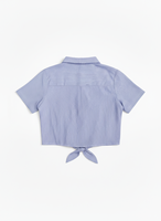 Chemisier court chic rayé en polyester respirant pour femme, à manches courtes, boutonné sur le devant, avec ourlet à nouer, idéal pour un look décontracté quotidien