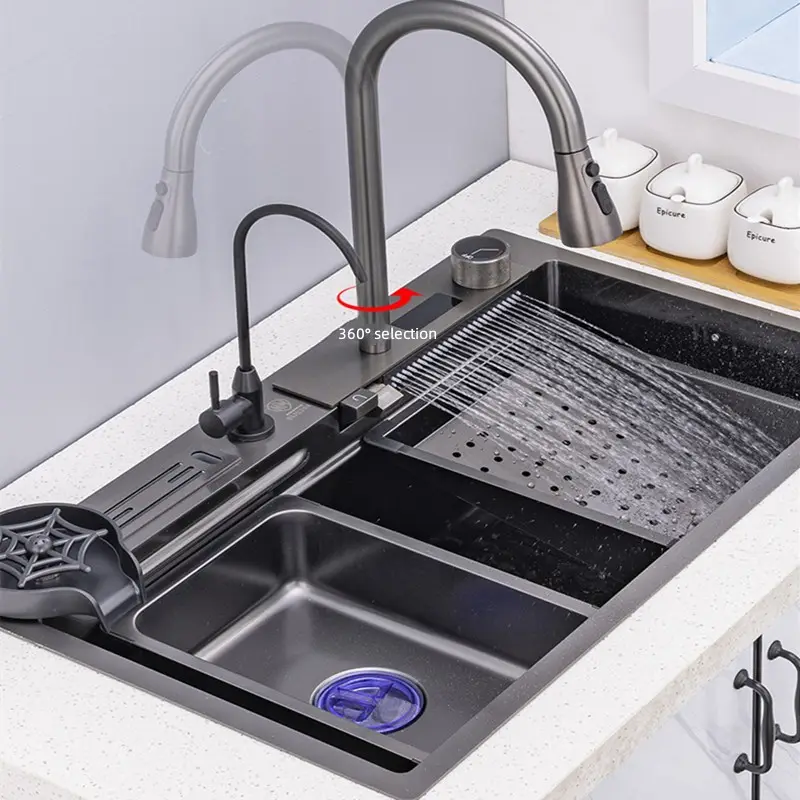 Nano 304 Stainless Steel Large Single Slot Multi-Function Temperature Display Piano Key Waterfall Kitchen Sink With Knife Rest