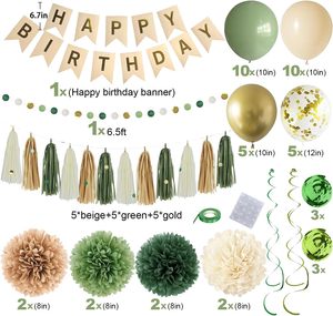 Decorazioni per feste di compleanno verdi per donne ragazze striscione di buon compleanno carta velina pompon palloncini di carta con nappe accessori - Product Image 2