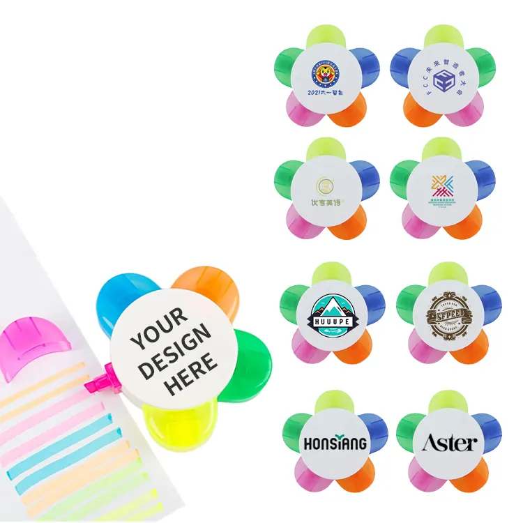 Productos de promoción Impreso 5 Color Resaltador Pluma Forma de flor Regalo personalizado Rotulador para publicidad