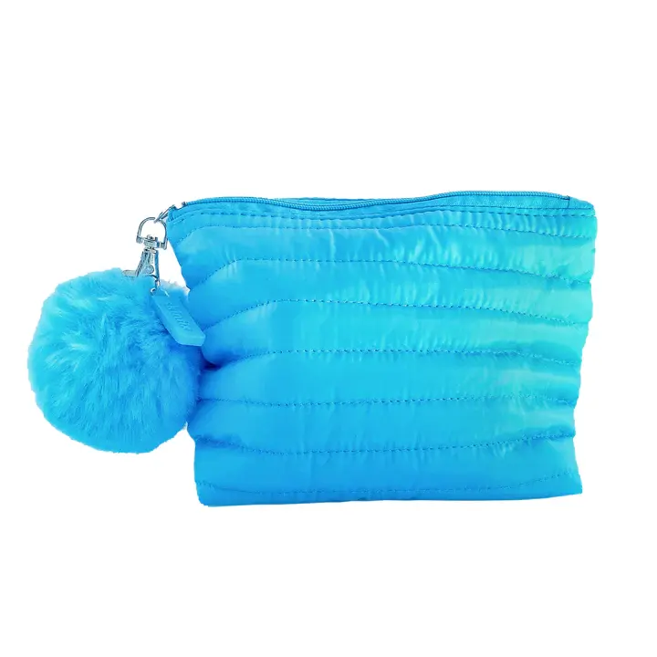 Sky Blue Puffer Make Up Bag Zippered Travel Pom Pom Puller Puffy Beauty Bag