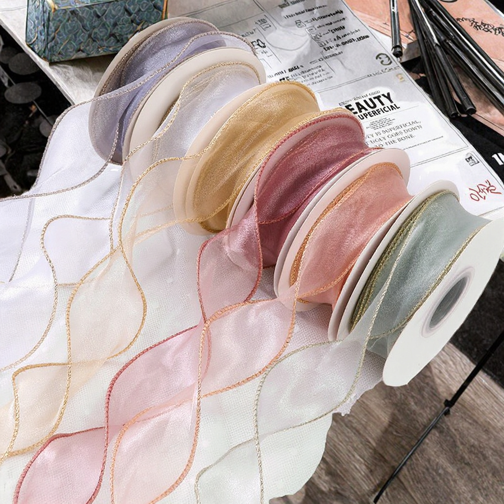 4 Cm*10 Yards Floral Multi-Color Pearl Yarn Ribbon Mermaid Lace Ribbon Flower Cake Packaging Snow Gauze Yarn Made Polyester