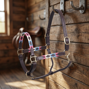 Harnais de cheval en cuir de qualité supérieure avec motif tissé coloré, collier de tête réglable pour l'entraînement et l'équitation - Product Image 2