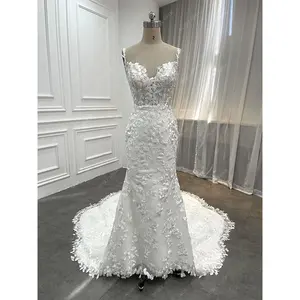 Designer Modest Embroidered Corset Bridal Gown Leaf Lace Appliqued Long Scalloped Train Ivory Mermaid Wedding Dresses Elegant