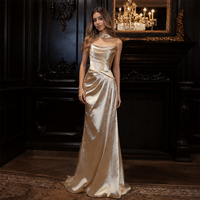 Robe de soirée dorée à sequins, plissée effet froissé, métallisée, col bénitier, bretelles spaghetti, collier ras du cou, pour soirée, fournisseur personnalisé, vente en gros