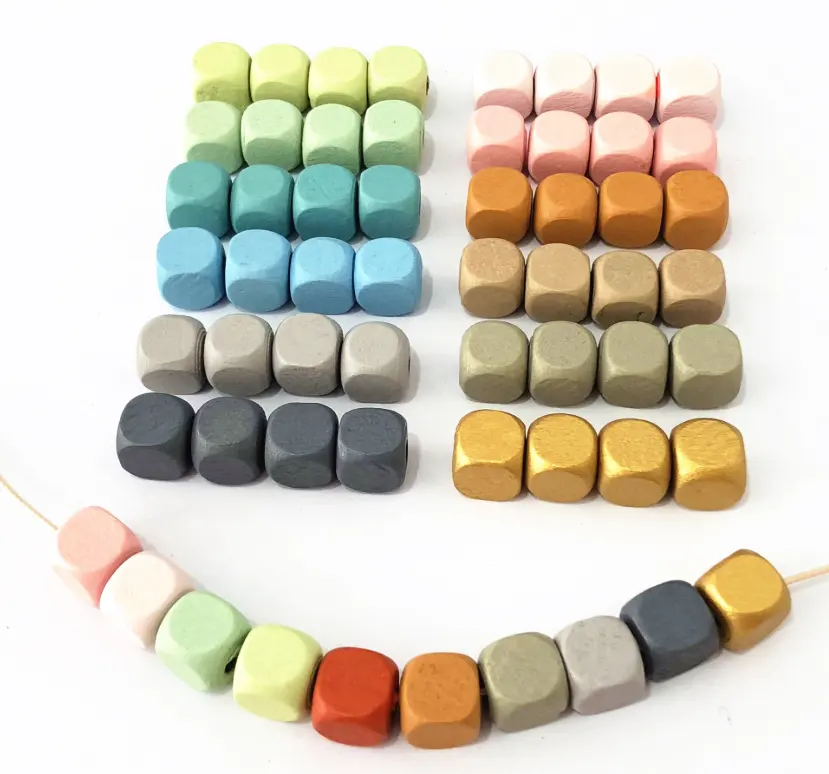 Wholesale 10mm Colorful Painted Woodcraft Wooden Bead Teethers DIY square Rounded Cube Dice Beads