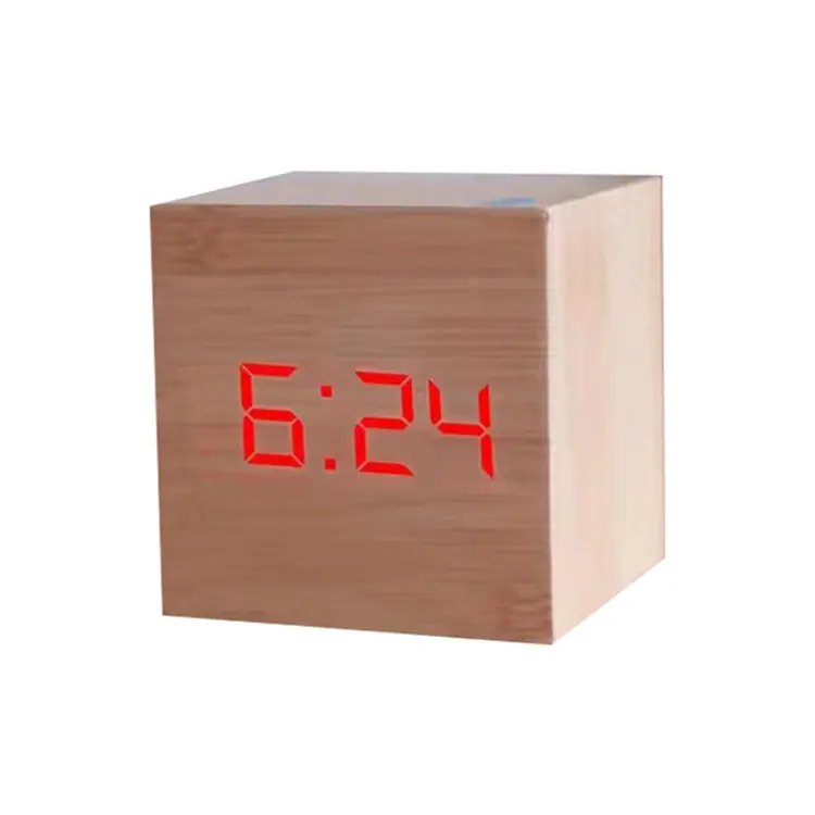 ساعة طاولة خشبية رقمية LED مزودة بمنفذ USB, ساعة مكتب إلكترونية مزودة بتقنية USB للتحكم في درجة الحرارة والرطوبة ، مزودة بتحكم صوتي