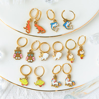 Pendientes de aro chapados en oro esmaltados con bonitos animales dinosaurio delfín elefante mono búho conejo colgante oro Huggie pendientes de aro