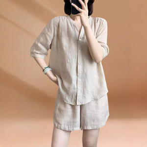 <b>Linen</b> Cotton Women's Shorts <b>Set</b> Three Quarter Sleeve Button Front Casual Summer Outfit Solid Color Plus Size - Product Image 1