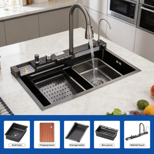 Fregadero de cocina de un solo seno de acero inoxidable 304 multifunción con cascada, accesorios completos, tabla de cortar, cesta y kit de grifo extraíble - Product Image 1