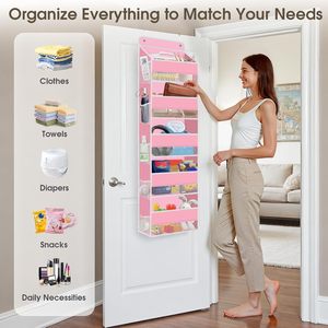 5 Tier Over The Door Organizer Pink Hanging <b>Storage</b> With Clear Window For Kids Rooms Nursery Bedroom Bathroom Closet - Product Image 6