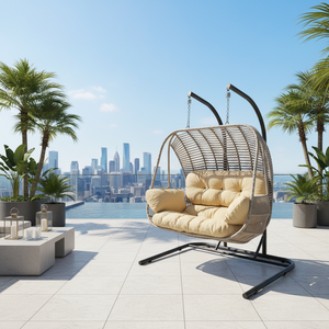 Modern Kugu Exterior Indoor Wood Thin Macrame Hotel Double Seat Patio Swings <b>Hanging</b> <b>Chair</b> with Metal Stand - Product Image 3