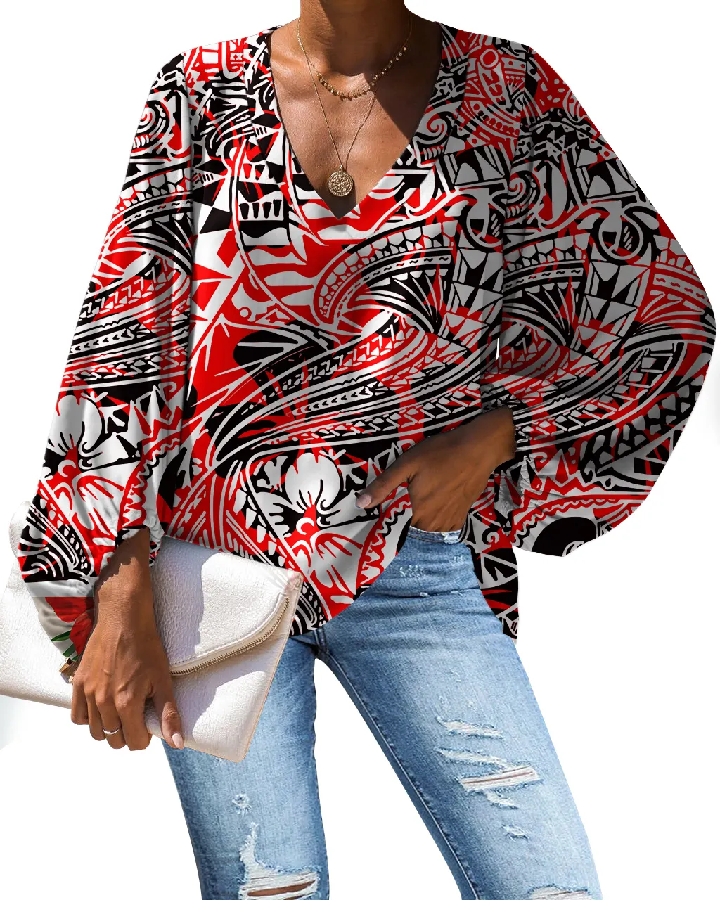 POD Polynesian Traditional Tribal Print Chiffon Bluse Elegante Frauen Custom Printed Chiffon Shirts Langarm Frau Bluse