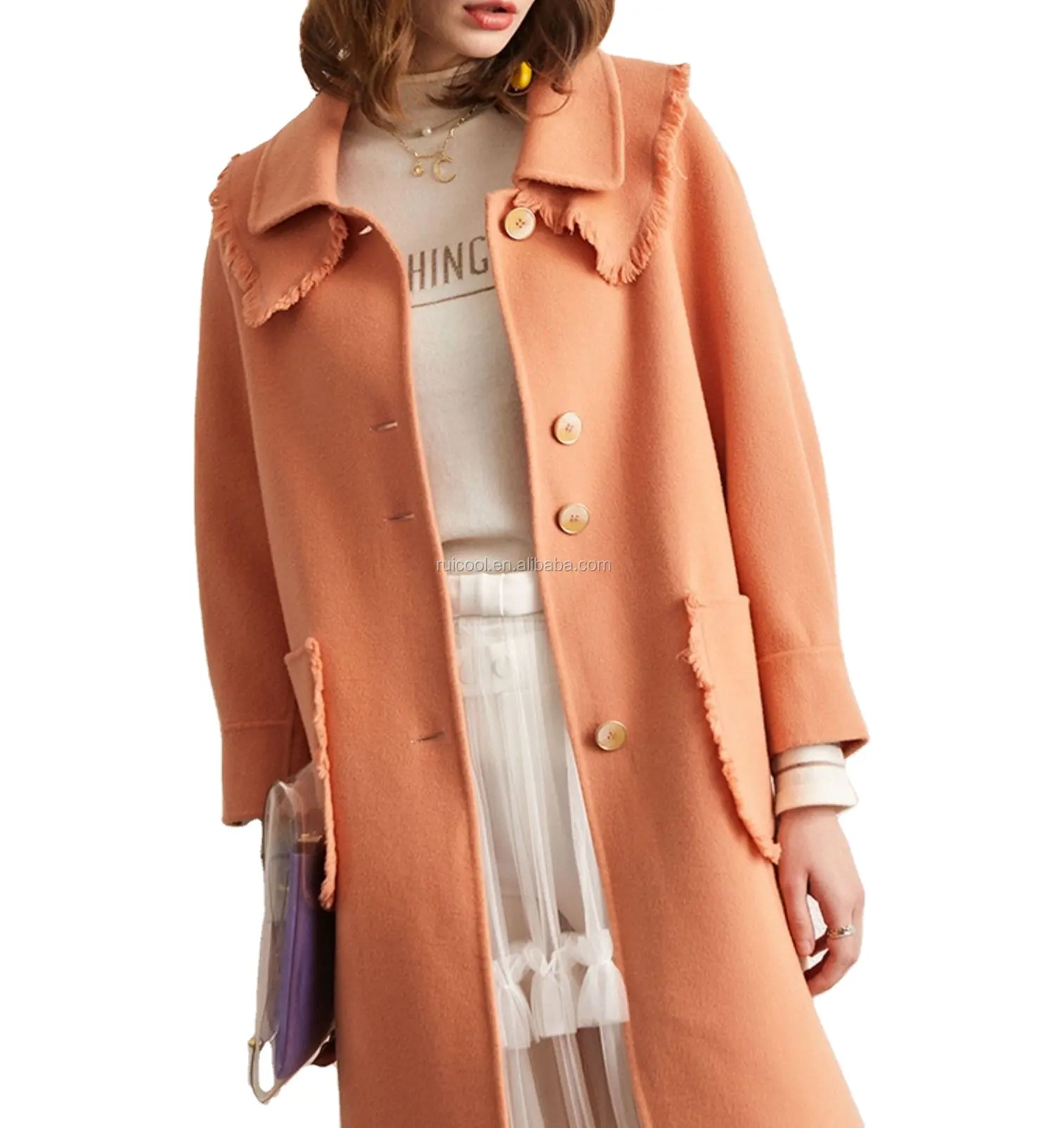 Orange Winter einreihige Kaschmir Monteau Femmes doppelseitige Wolle langen Trenchcoat Frauen