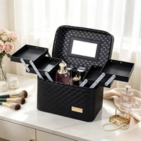 Boîte à maquillage en cuir PU matelassé avec miroir, plateaux pliables multicouches, étui de rangement cosmétique portable pour voyage avec couvercle