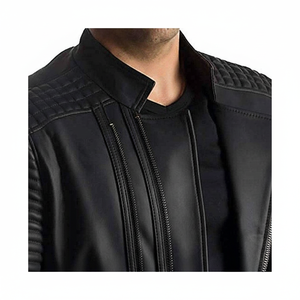 Veste en cuir véritable sur mesure en gros pour hommes, col montant, style moto et motard d'hiver, logo frontal - Product Image 1