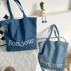 Toptan özel Logo eko geri dönüşümlü moda Denim kumaş bakkal Jean Tote çanta Denim Tote çanta