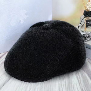 หมวกขนสัตว์มิงค์สำหรับฤดูหนาวสำหรับผู้ชายวัยกลางคนและผู้สูงอายุ หมวกทรงเป็ดบุขนแกะ กันหนาว กันลม สีดำล้วน - Product Image 2