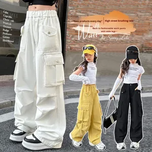 Pantalons <span class=keywords><strong>cargo</strong></span> pour filles, grandes filles, printemps automne 2025, nouveau style coréen décontracté, jambe large droite, coton, taille élastique - Product Image 1