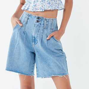 <span class=keywords><strong>Bermuda</strong></span> en <span class=keywords><strong>jean</strong></span> plissé taille haute pour <span class=keywords><strong>femme</strong></span> coupe ample <span class=keywords><strong>Boyfriend</strong></span> Jeans Style couleur délavée pour un look d'été décontracté - Product Image 1