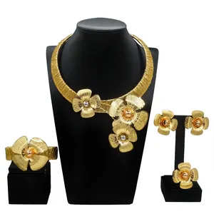 Yulaili venta al por mayor moda mujer flor grande diseño collar conjuntos Dubai cobre aleación 18K alta calidad fina fiesta regalos joyería