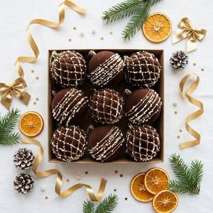 Juego de 9 Adornos Navideños de Lujo en Terciopelo Marrón Chocolate Vintage, Hechos a Máquina, con Cuentas de Perlas Blancas y Acabado Flocado - Product Image 4
