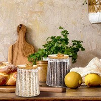 Pot en verre borosilicate décoratif à rayures pour la cuisine, avec couvercles et cuillères en bambou, compatible lave-vaisselle et micro-ondes, qualité alimentaire