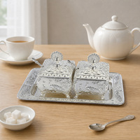 Plateau décoratif en métal gaufré style nordique, pot à sucre paon avec insert en verre et cuillère, pot à bonbons et noix, lot de 2 pièces