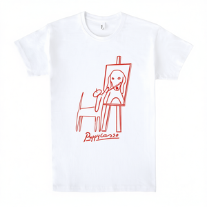 Puppycasso T-shirt blanc avec motif artistique rouge, vêtements décontractés unisexes - Product Image 2
