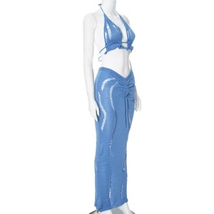 2025 verano <span class=keywords><strong>Sexy</strong></span> mujer Halter Top y falda larga conjunto Europa los Estados Unidos templado con lazo hueco cordón 1 pieza - Product Image 3