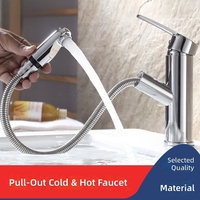 Robinet de lavabo chromé extractible monocommande chaud/froid, mitigeur de salle de bain à poser sur comptoir avec douchette extractible