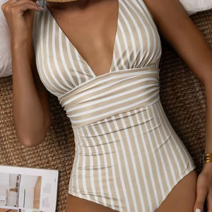 Traje de Baño Enterizo Sexy a Rayas para Mujer 2025, Cuello en V, Cintura Alta, Bikini con Decoración de Cordones, Estilo Estampado - Product Image 1