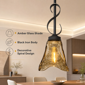 Lámpara colgante moderna de hierro y vidrio ámbar con altura ajustable para comedor, isla de cocina, restaurante y hogar. - Product Image 2