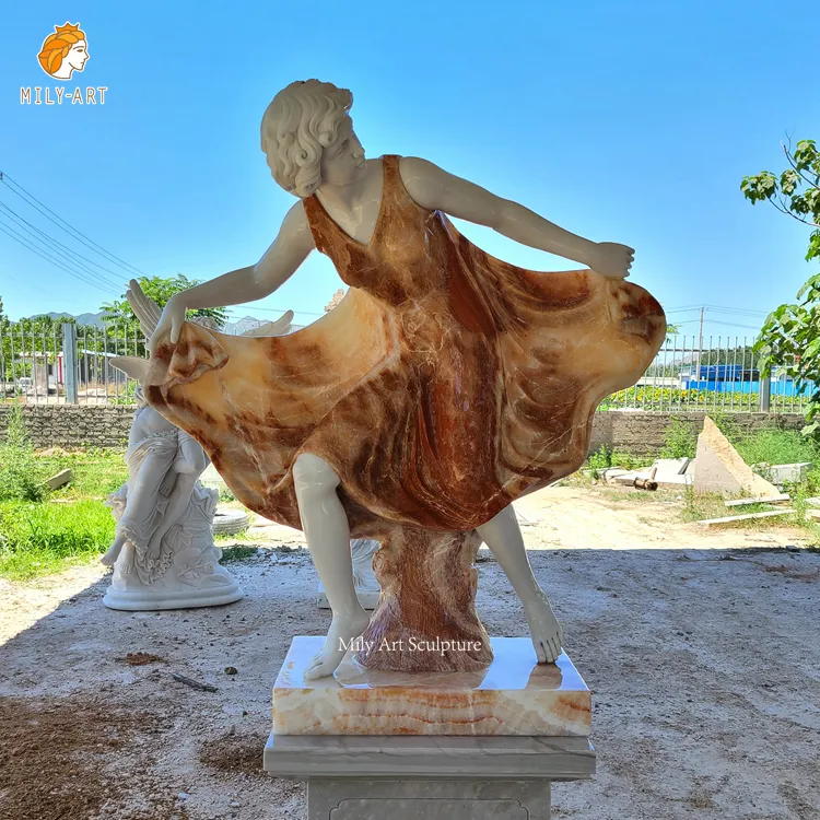 Outdoor Garden Life Size Natural Stone Hand Carved Dancing Elegent Lady in Dress Sculpture Marble Dresses Women Statue