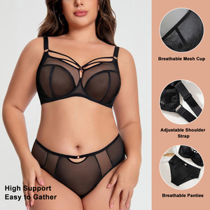 Oferta Especial: Conjunto <span class=keywords><strong>de</strong></span> Lencería Sexy y Transpirable <span class=keywords><strong>de</strong></span> Malla con Tirantes Anchos para Mujer Tallas Grandes, Color Negro, Estilo Casual para Senos Más Grandes, Uso Diario - Product Image 3